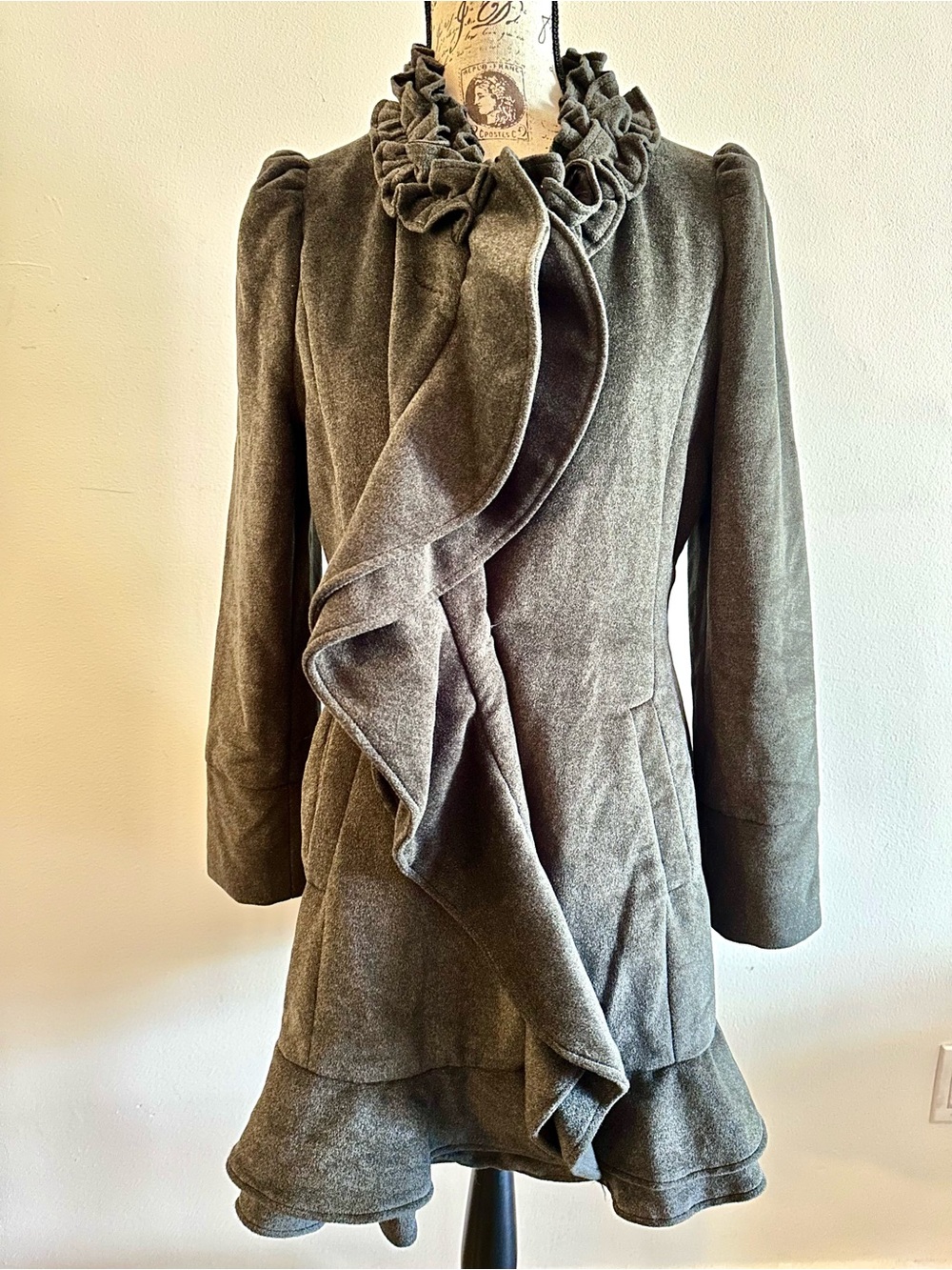 RYU Anthropologie Ruffled Collar Gray Women's Pea Coat, Size L